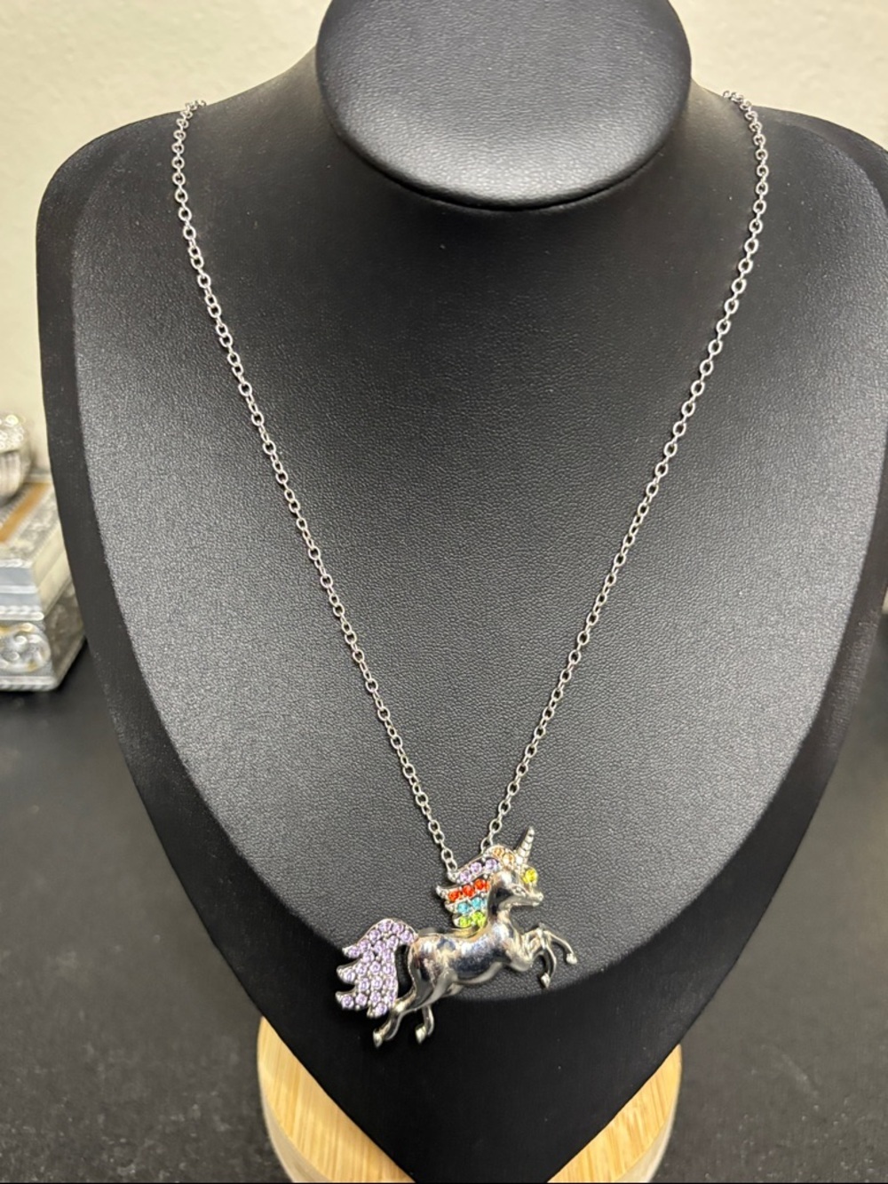 Unicorn Colorful Rhinestone Pendant Chain Necklace Silver Tone